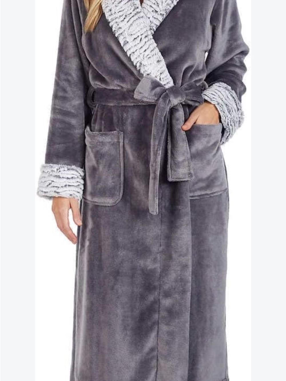 Midnight by Carole Hochman Plush Shawl-Collar Long Robe in Gray